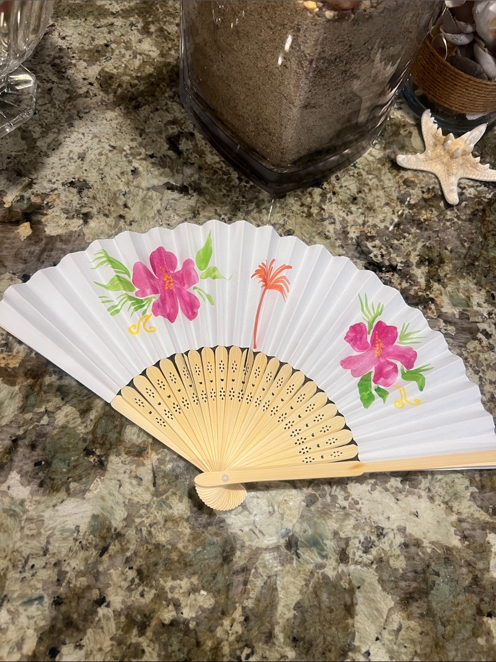 Hand painted Handheld Floral Folding Fan - White with Pink Lotus Flowers